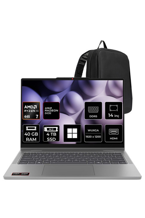 Ideapad 5 2-İn-1 14Agp11 Ryzen Aı 7 445 40Gb Ram 4Tb Ssd 14" Touch Wuxga (1920X1200) Ips Win11 Pro 83Uh0049Trp329 Dokunmatik Taşınabilir Bilgisayar + Per4 Çanta