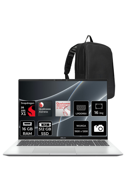 Vivobook 16 (X1607Qa) Snapdragon X X1-26-100 16Gb Ram 512Gb Ssd Adreno 16" Wuxga (1920X1200) Freedos X1607Qa-Mb052Wp308 Taşınabilir Bilgisayar + Per4 Çanta
