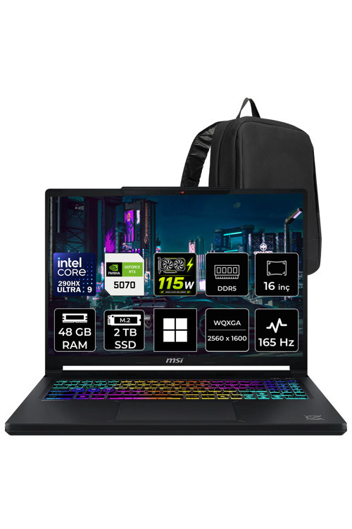 Crosshair 16 Max Hx Intel Core Ultra 9 290Hx Plus Rtx 5070 8Gb 115W 48Gb Ram 2Tb Ssd 16" Wqxga (2560X1600) Oled 165Hz Win11 Pro E2Wgk-008Trp454 Gaming Laptop + Per4 Çanta