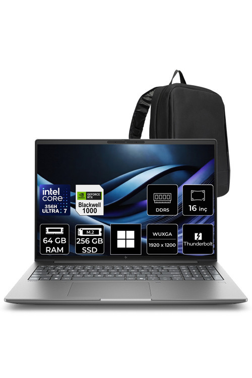 Zbook X G2İ Intel Core Ultra 7 356H Rtx Pro 1000 6Gb Gddr7 64Gb Ram 256Gb Ssd 16" Wuxga (1920 X 1200) Win11 Pro Dn9T2Esp537 Mobil İş İstasyonu + Per4 Çanta
