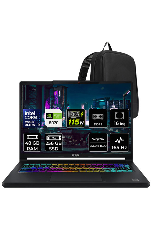 Crosshair 16 Max Hx Intel Core Ultra 9 290Hx Plus Rtx 5070 8Gb 115W 48Gb Ram 256Gb Ssd 16" Wqxga (2560X1600) Oled 165Hz Freedos E2Wgk-008Trp331 Gaming Laptop + Per4 Çanta