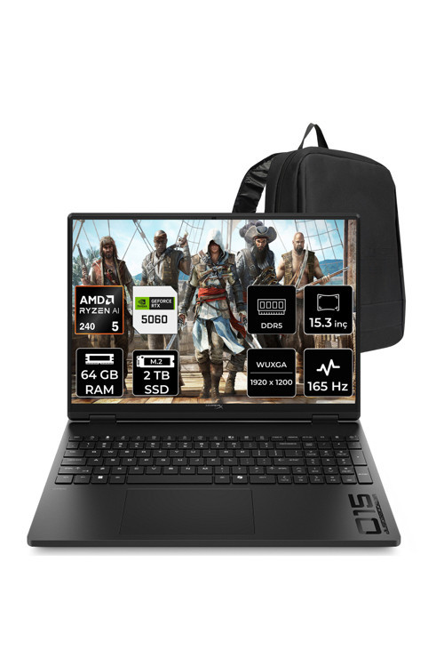 Hyperx Omen 15-Gb0003Nt Amd Ryzen 5 240 Rtx 5060 8Gb 64Gb Ram 2Tb Ssd 15.3" Wuxga (1920X1200) 165Hz Freedos D2Qv8Eap340 Gaming Laptop + Per4 Çanta