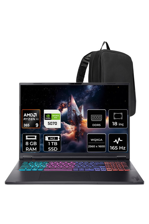 Nitro 18 Aı Ryzen Aı 9 365 Rtx 5070 8Gb 115W 8Gb Ram 1Tb Ssd 18" Wqxga (2560X1600) 165Hz Freedos Nh.Qyjey.002P303 Gaming Laptop + Per4 Çanta
