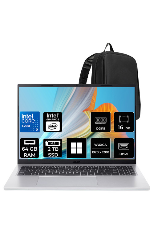 Aspire Go Intel Core 5 120U 64Gb Ram 2Tb Ssd 16" Wuxga (1920X1200) Win11 Home Nx.Jsaey.002P340 Taşınabilir Bilgisayar + Per4 Çanta