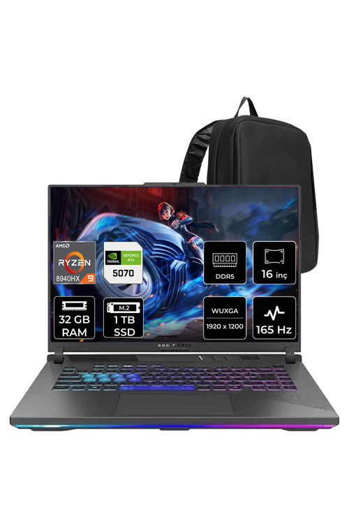 Rog Strix G16 Amd Ryzen 9 8940Hx Rtx 5070 8Gb 32Gb Ram 1Tb Ssd 16" Wuxga 165Hz Freedos G614Pprv218P321 Gaming Laptop + Per4 Çanta