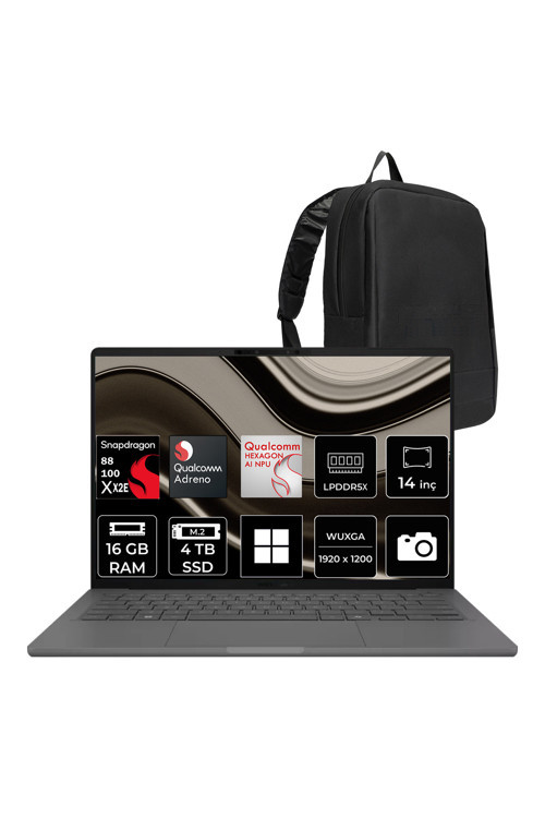 Zenbook A14 (Ux3407Na) Copilot+ Pc Snapdragon X2 Elite X2E-88-100 16Gb Ram 4Tb Ssd Andero 14" Wuxga (1920X1200) Oled Win11 Pro Ux3407Na-Qd217Wp311 Taşınabilir Bilgisayar + Per4 Çanta