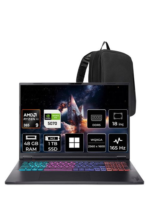 Nitro 18 Aı Ryzen Aı 9 365 Rtx 5070 8Gb 115W 48Gb Ram 1Tb Ssd 18" Wqxga (2560X1600) 165Hz Win11 Pro Nh.Qyjey.002P333 Gaming Laptop + Per4 Çanta