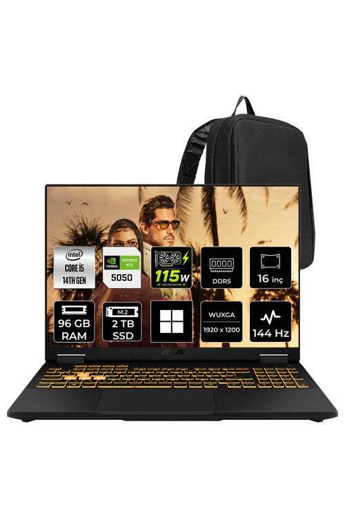 Tuf Gaming F16 Intel Core İ5 14450Hx Rtx 5050 8Gb 115W 96Gb Ram 2Tb Ssd 16" Wuxga (1920X1200) 144Hz Win11 Pro Fx608Jhı-Tu231P472 Gaming Laptop + Per4 Çanta