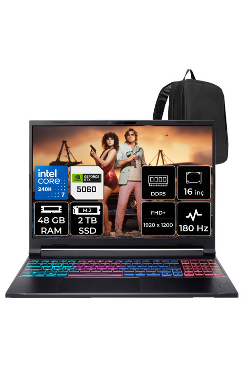 Nitro V 16S Intel Core 7 240H Rtx 5060 8Gb 85W 48Gb Ram 2Tb Ssd 16" Wuxga (1920X1200) 180Hz Freedos Nh.U28Ey.001P334 Gaming Laptop + Per4 Çanta