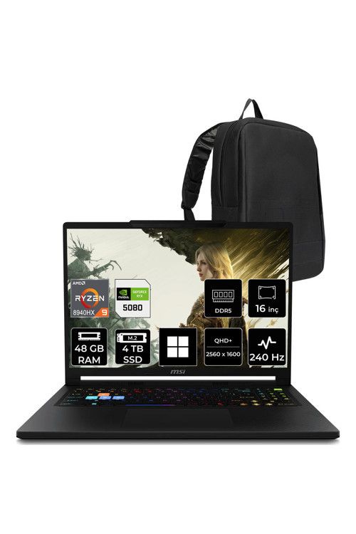 Raıder A16 Hx Amd Ryzen 9 8940Hx Rtx 5080 16Gb 175W 48Gb Ram 4Tb Ssd 16" Wqxga (2560X1600) 240Hz Win11 Home B8Wı-008Trpn395 Taşınabilir Bilgisayar + Per4 Çanta