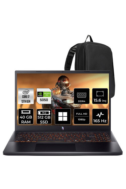 Nitro V15 Anv15-52 İ7 13620H Rtx 5050 8Gb 75W 40Gb Ram 512Gb Ssd 15.6" Fhd (1920X1080) 165Hz Win11 Pro Nhqz7Ey005P338 Gaming Laptop + Per4 Çanta