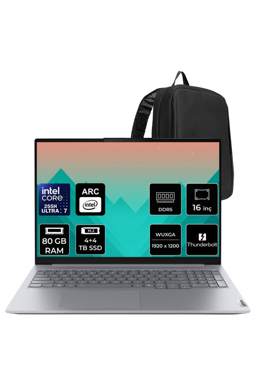 Thinkbook 16 G8 Ial Intel Core Ultra 7 255H 80Gb Ram 4Tb + 4Tb Ssd Arc 140T 16" Wuxga (1920X1200) Freedos 21Sk007Utxpn348 Taşınabilir Bilgisayar + Per4 Çanta