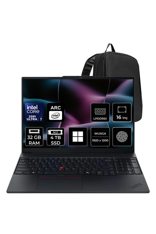 Thinkpad E16 Gen 7 Intel Core Ultra 7 258V 32Gb Ram 4Tb Ssd 16" Wuxga (1920X1200) Ips 60Hz Win11 Pro 22Ay0038Txp315 Notebook + Per4 Çanta