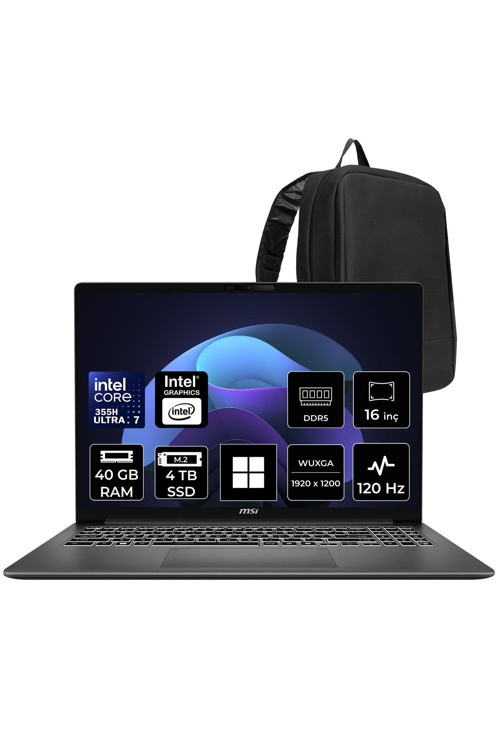 Modern 16S Aı+ Intel Core Ultra 7 355 40Gb Ram 4Tb Ssd 16" Wuxga (1920X1200) 120Hz Win11 Pro G3Mg-048Xtrp329 Taşınabilir Bilgisayar + Per4 Çanta