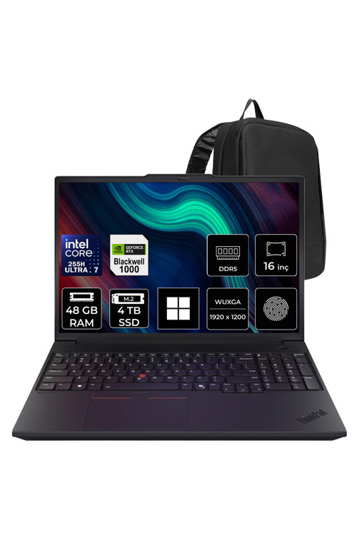 Thinkpad P16V Gen 3 Intel Core Ultra 7 255H Rtx Pro 1000 Blackwell 8Gb 48Gb Ram 4Tb Ssd 16" Wuxga (1920X1200) Ips 60Hz Win11 Pro 21Rs0006Txp455 Notebook + Per4 Çanta