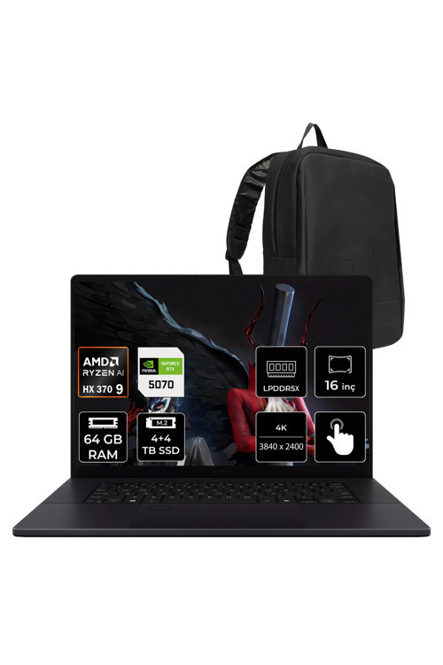 Proart P16 Copilot+ Pc Amd Ryzen Aı 9 Hx 370 Rtx 5070 8Gb Gddr7 64Gb Ram 4Tb + 4Tb Ssd 16" 3K (2880X1800) Oled 120Hz Touch Freedos H7606Wp-Sr279Wp342 Dokunmatik Notebook + Per4 Çanta