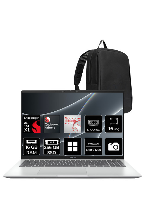 Vivobook 16 (X1607Qa) Snapdragon X X1-26-100 16Gb Ram 256Gb Ssd Adreno 16" Wuxga (1920X1200) Win11 Home X1607Qa-Mb052Wp307 Taşınabilir Bilgisayar + Per4 Çanta