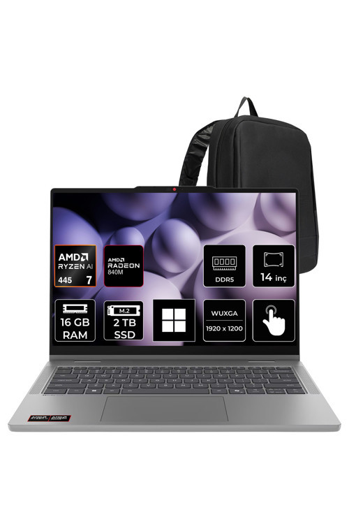 Ideapad 5 2-İn-1 14Agp11 Ryzen Aı 7 445 16Gb Ram 2Tb Ssd 14" Touch Wuxga (1920X1200) Ips Win11 Pro 83Uh0049Trp310 Dokunmatik Taşınabilir Bilgisayar + Per4 Çanta