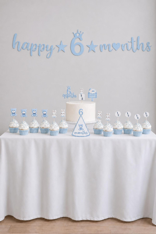 6 Ay Temalı Erkek Bebek Parti Seti – Happy 6 Months Banner, Pasta Süsü, Kürdan Süs ve Parti Şapkası
