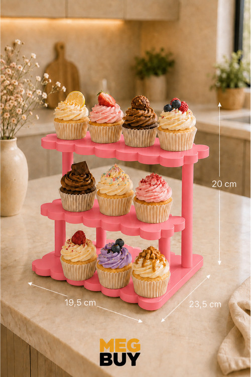 3 Katlı Cupcake Standı – Dekoratif Pasta, Kek ve Tatlı Sunum Standı Pembe 19,5cm x 20cm