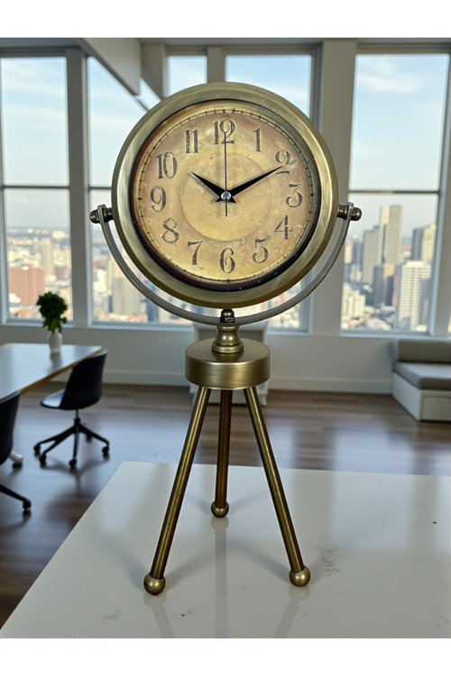 Eskitme Bronz Üç Ayaklı Metal Masa Saati