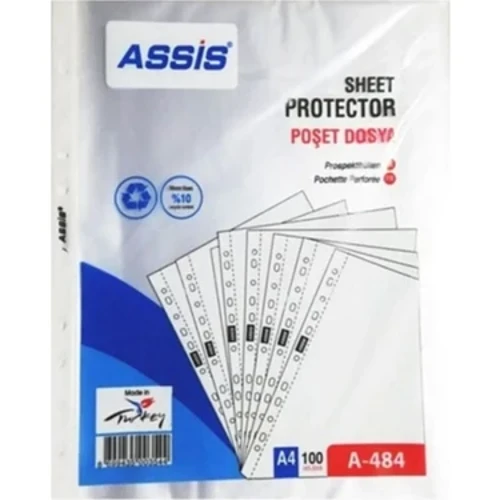 A-484 A4 11 Delikli Şeffaf Poşet Dosya - 5 Paket (500 Adet)