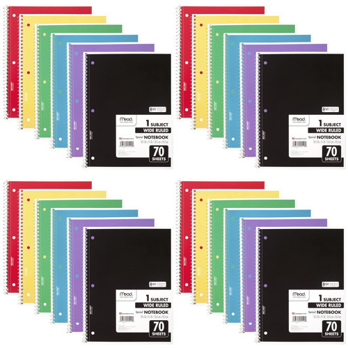 Spiral Defter, 24 Paket, 1-Konu, Geniş Çizgili Kağıt, 7-1/2" x 10-1/2", Dizüstü Bilgisayar Başına 70 Sayfa, Renk Değişebilir (05510)