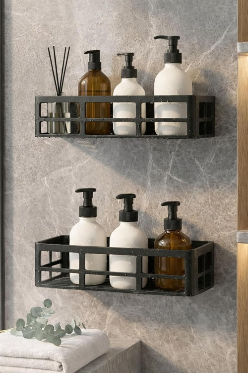 Yapışkanlı Duş Rafı – 2 Adet Paslanmaz Banyo Şampuanlık Organizer | Delmeden Montaj | Geniş Kapasite