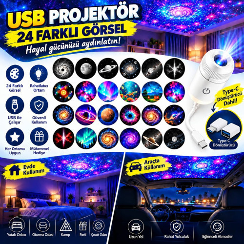 24 FARKLI DESENLİ USB LED PROJEKTÖR GECE LAMBASI 360 DERECE AYARLANABİLİR YILDIZ GALAKSİ