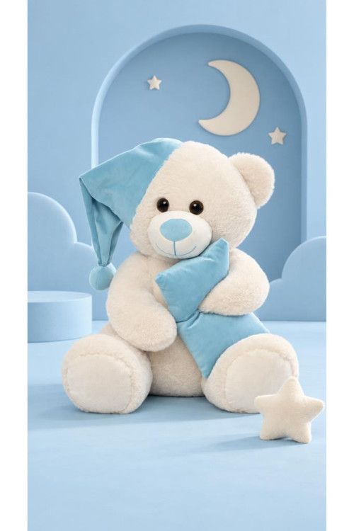 Uyku Arkadaşım 60 cm Mavi Şapkalı Peluş Ayıcık