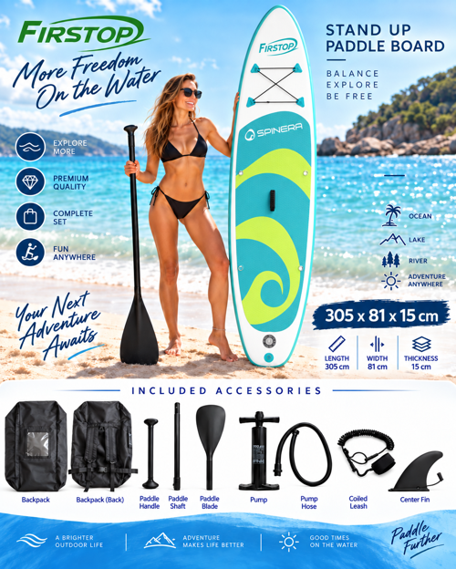 HMI92 305X81X15 Cm Şişme SUP Board Stand Up Paddle Board – Pompa Kürek Seti – 200 Kg Taşıma Kapasiteli