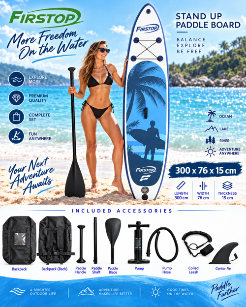 HMI101 300X76X15 Cm Şişme SUP Board Stand Up Paddle Board – Pompa Kürek Seti – 200 Kg Taşıma Kapasiteli