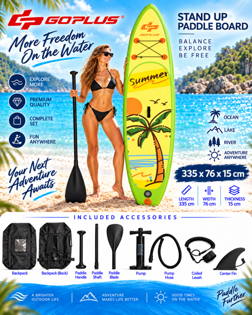 Goplus HMI108 335X76X15 Cm Şişme SUP Board Stand Up Paddle Board – Pompa Kürek Seti – 200 Kg Taşıma Kapasiteli