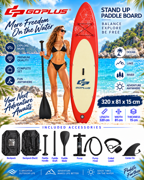 Goplus HMI85 320X81X15 Cm Şişme SUP Board Stand Up Paddle Board – Pompa Kürek Seti – 200 Kg Taşıma Kapasiteli