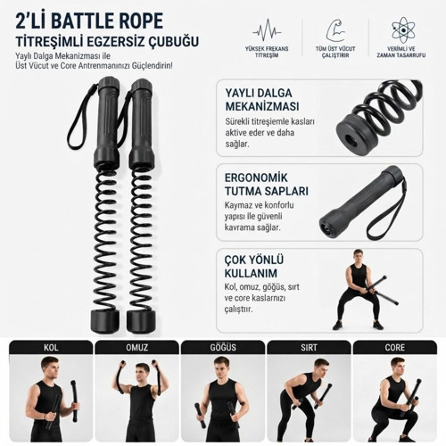 2'li Battle Rope Titreşimli Egzersiz Çubuğu, Yaylı Dalga Mekanizmalı Kol, Omuz, Göğüs, Sır