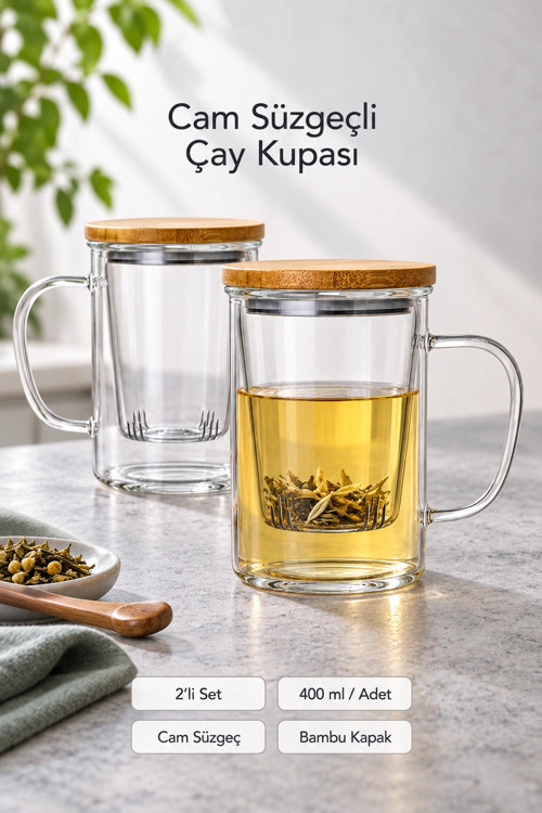 2’li Cam Süzgeçli Bambu Kapaklı Borosilikat Kupa 400 ml Kulplu Bitki Çayı Demleme ve Sunum Bardağı