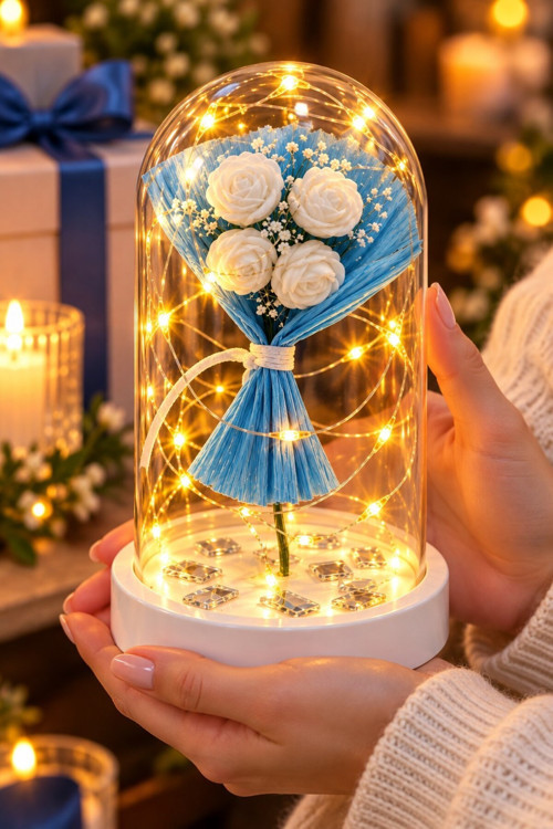 Premium Led Işıklı Fanus Beyaz Gül Buketi Dekoratif Gece Lambası Lüks Romantik Ev Hediyesi 14 cm