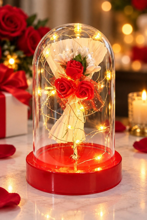 Premium Led Işıklı Fanus Kırmızı Gül Buketi Dekoratif Gece Lambası Lüks Romantik Ev Hediyesi 14 cm
