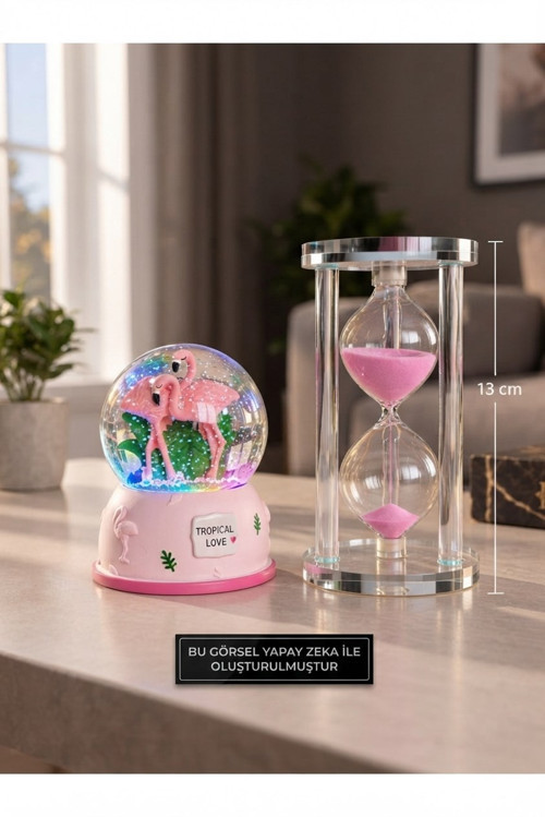 Sevgiliye Hediye Işıklı Flamingo Kar Küresi ve 5 Dakikalık 13CM Pembe Kum Saati Seti Masa Üstü Biblo