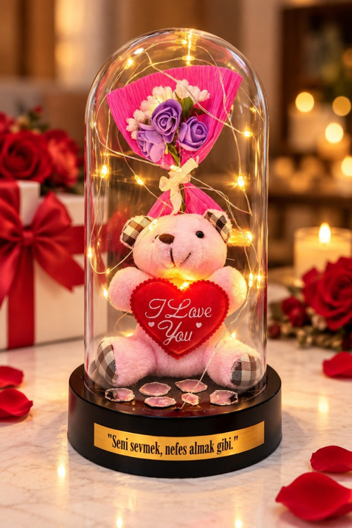 Sevgiliye Hediye Seni Sevmek Nefes Almak Gibi Peluş Ayıcıklı Led Işıklı Fanus ve Gül Buketi 20 CM