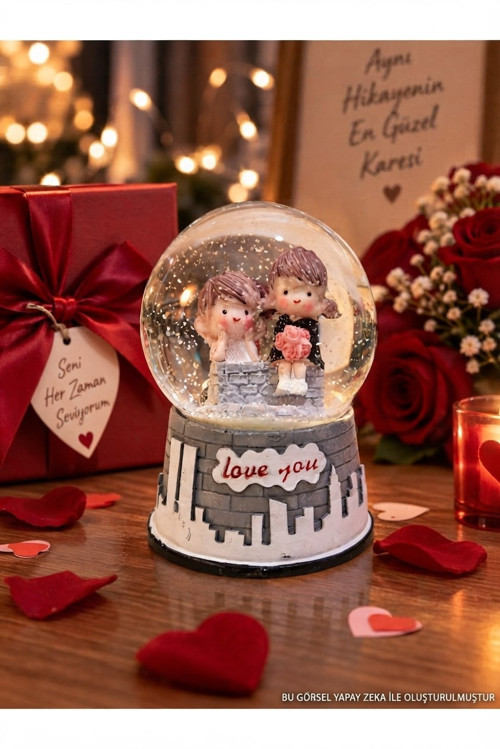 Sevgiliye Romantik Hediye Aşıklar Sevgili Figürlü Love You Yazılı 9CM Işıklı Kar Küresi Biblo Hediye
