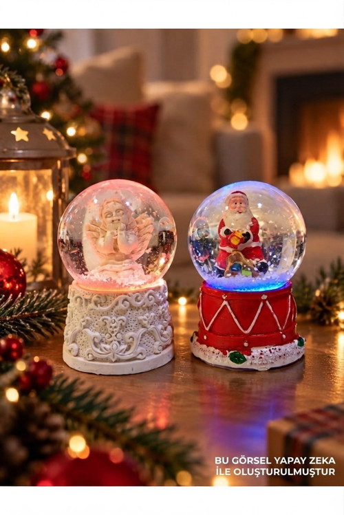 Dekoratif Yılbaşı Hediye Seti 2 Li Kombin Melek ve Noel Baba Figürlü Kar Küresi 6.5 cm Hediye Biblo