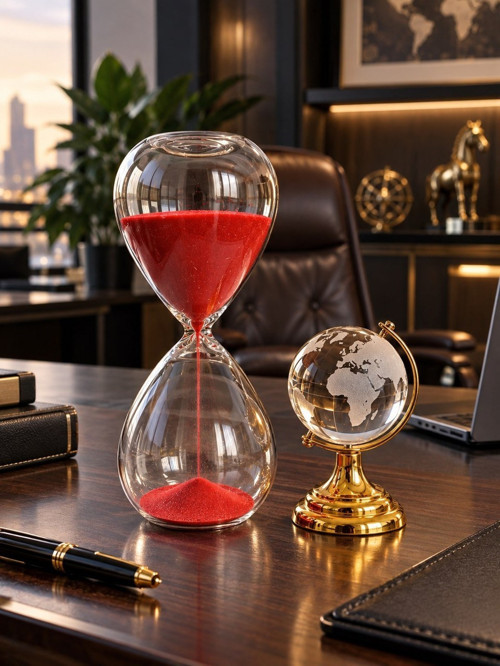Premium Hediye Masaüstü Ofis Dekoru 15 Dakikalık Cam Kırmızı Kum Saati ve Gold Cam Dünya Küre Seti