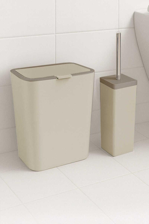 Flip 2li Banyo Seti Çöp Kovası Tuvalet Fırçası Bej Renk 6 Litre
