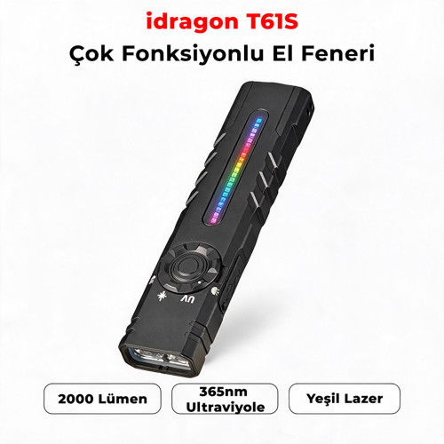T61S Çok Fonksiyonlu Mıknatıslı UV ve Yeşil Lazerli EDC El Feneri - 2000 Lümen, RGB Işıklı, Type-C Şarjlı Taktiksel Kamp Feneri