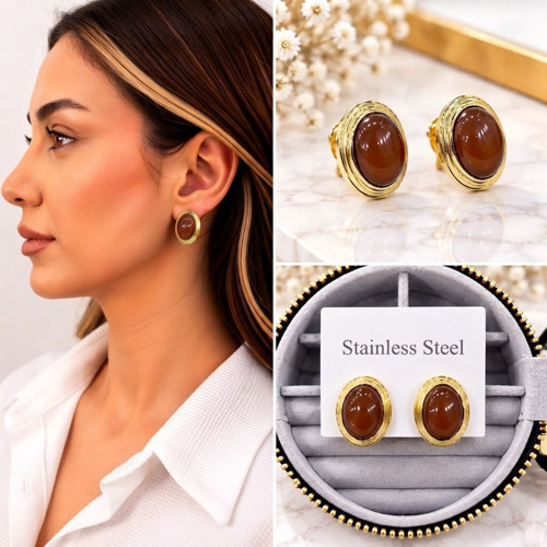 💎 Premium Parlak ve Şık Gold Renk Kahve Oval Taşlı Kadın Çelik Küpe