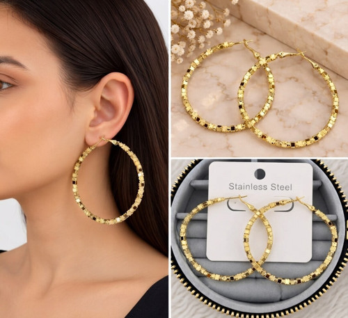 💎 Premium Parlak ve Şık Gold Renk Taş Dokulu Büyük Halka Kadın Çelik Küpe