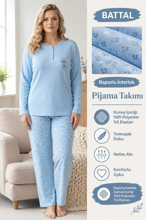 Kadın Düğme Yaka Raporlu İnterlok KIŞLIK Battal Pijama Takımı 03018 - 1 Adet