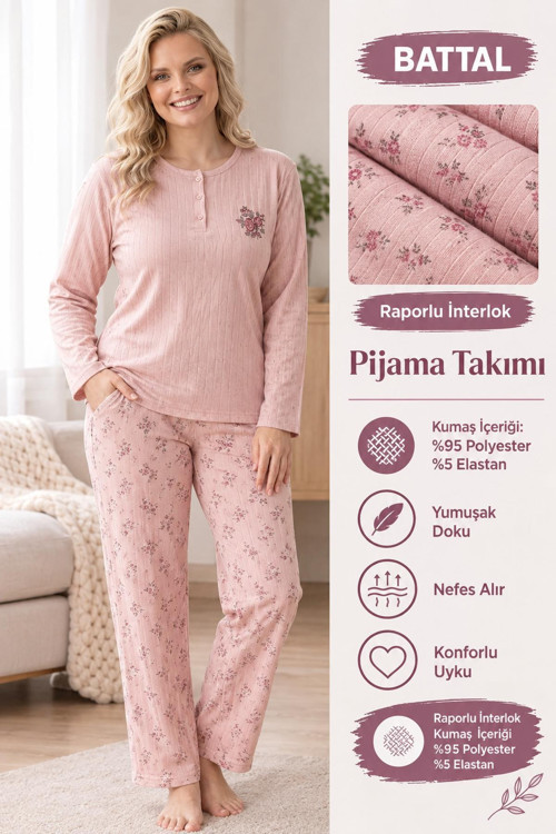 Kadın Düğme Yaka Raporlu İnterlok KIŞLIK Battal Pijama Takımı 03017 - 1 Adet