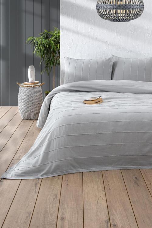 Çift Kişilik Gri Pike Seti - 210x220 Cm 2x(50X70) Cm Yastık Kılıfı, 3 Parça, Sedef